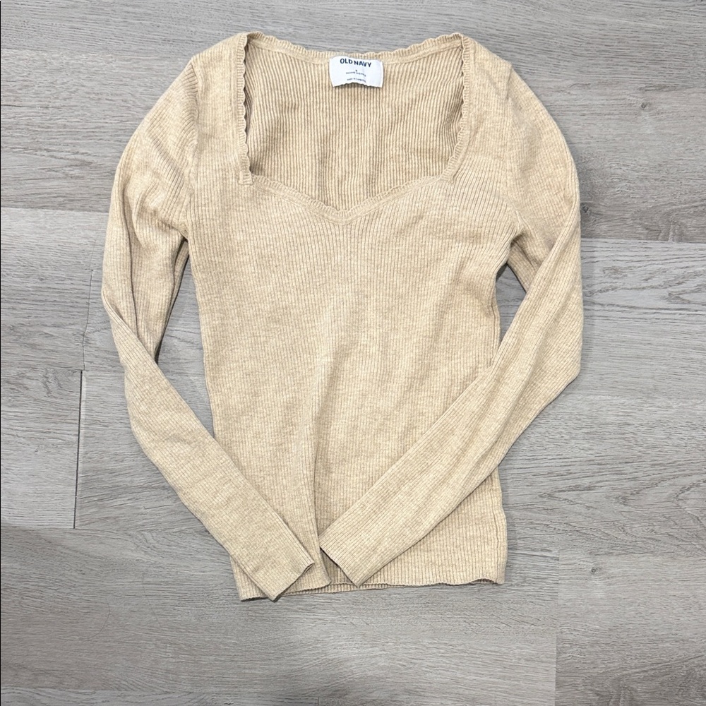 Old Navy Beige Ribbed Long Sleeve Square Neck Top